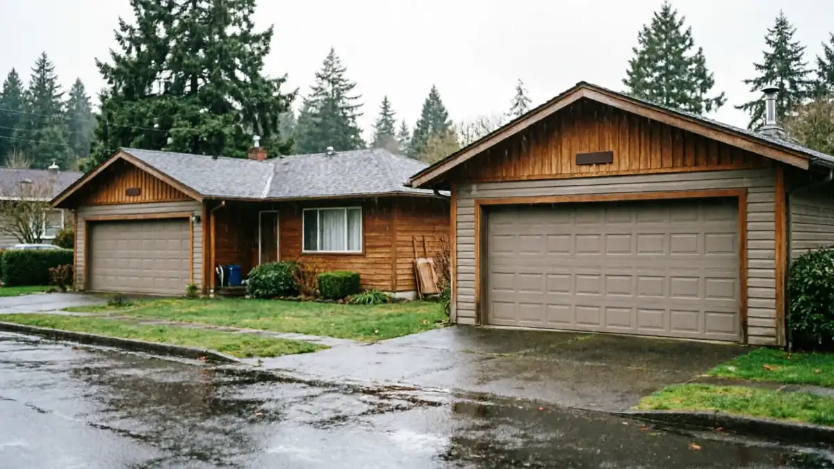 Two houses with brown garage doors and wooden siding are visible from the street.