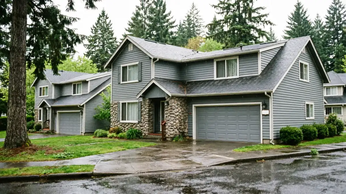 A gray house with a gray garage door and stone accents on a rainy day.