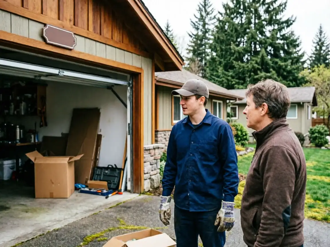 A technician and a customer stand in front of an open garage.