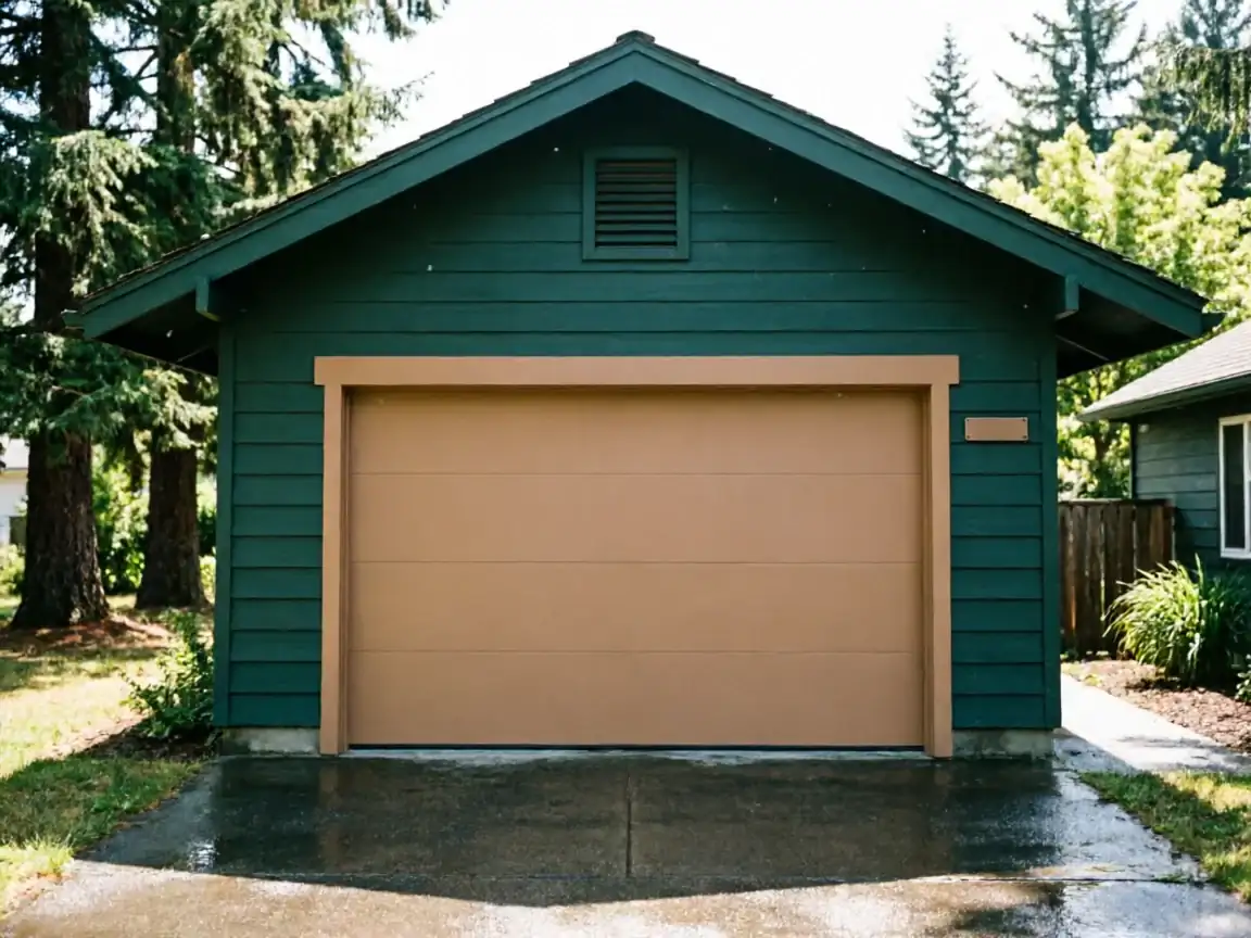 A green garage has a brown garage door and a wet driveway.