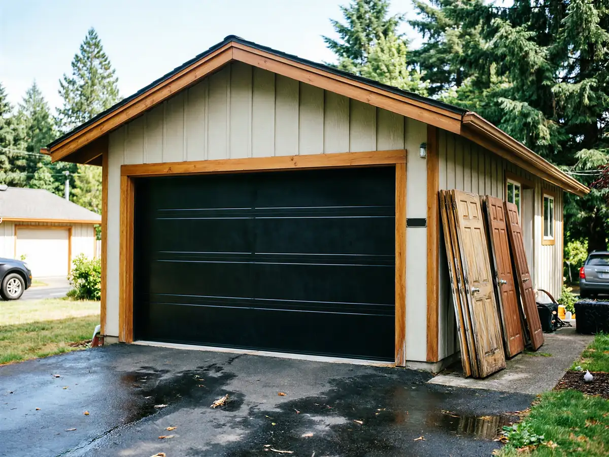 A black garage door on a light-colored garage with wooden trim.