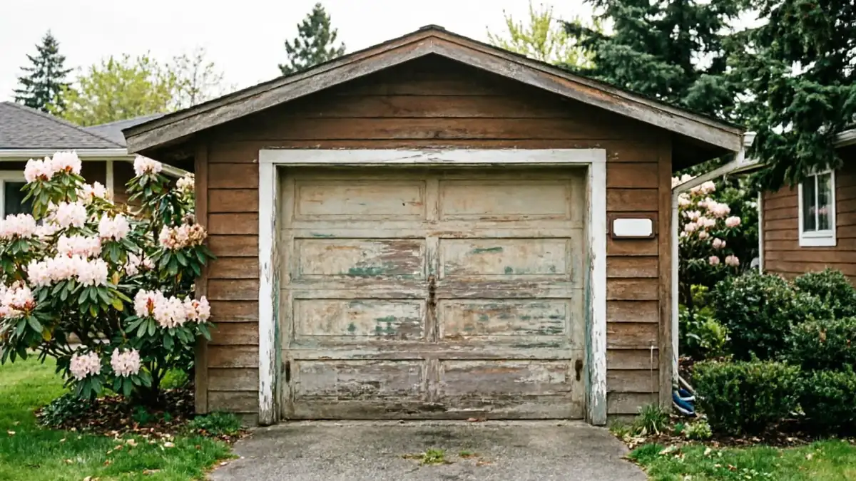 A weathered wooden garage door with peeling paint is on a detached garage.