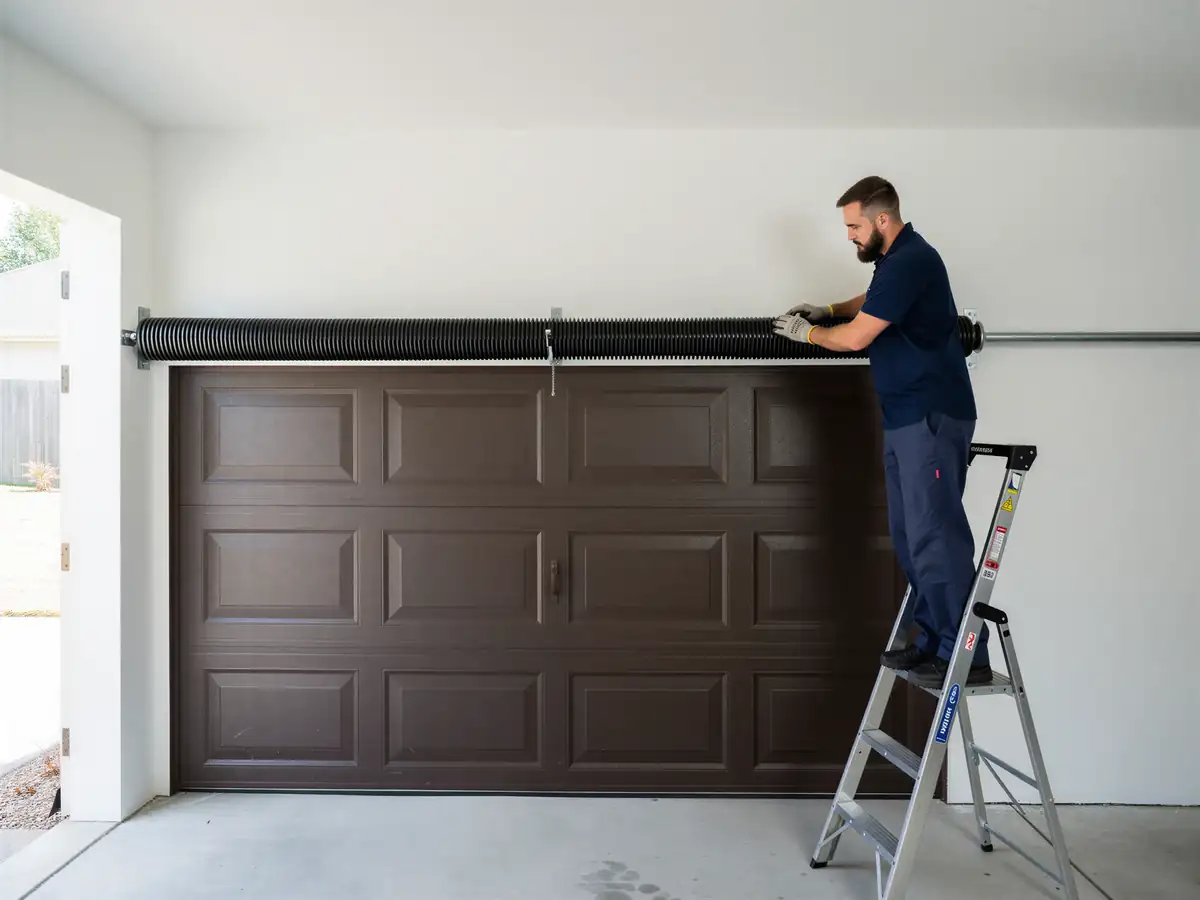 A technician on a ladder adjusts the torsion spring above a brown garage door.