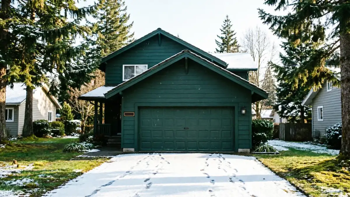 A dark green house with a matching garage door and a snow-covered driveway.